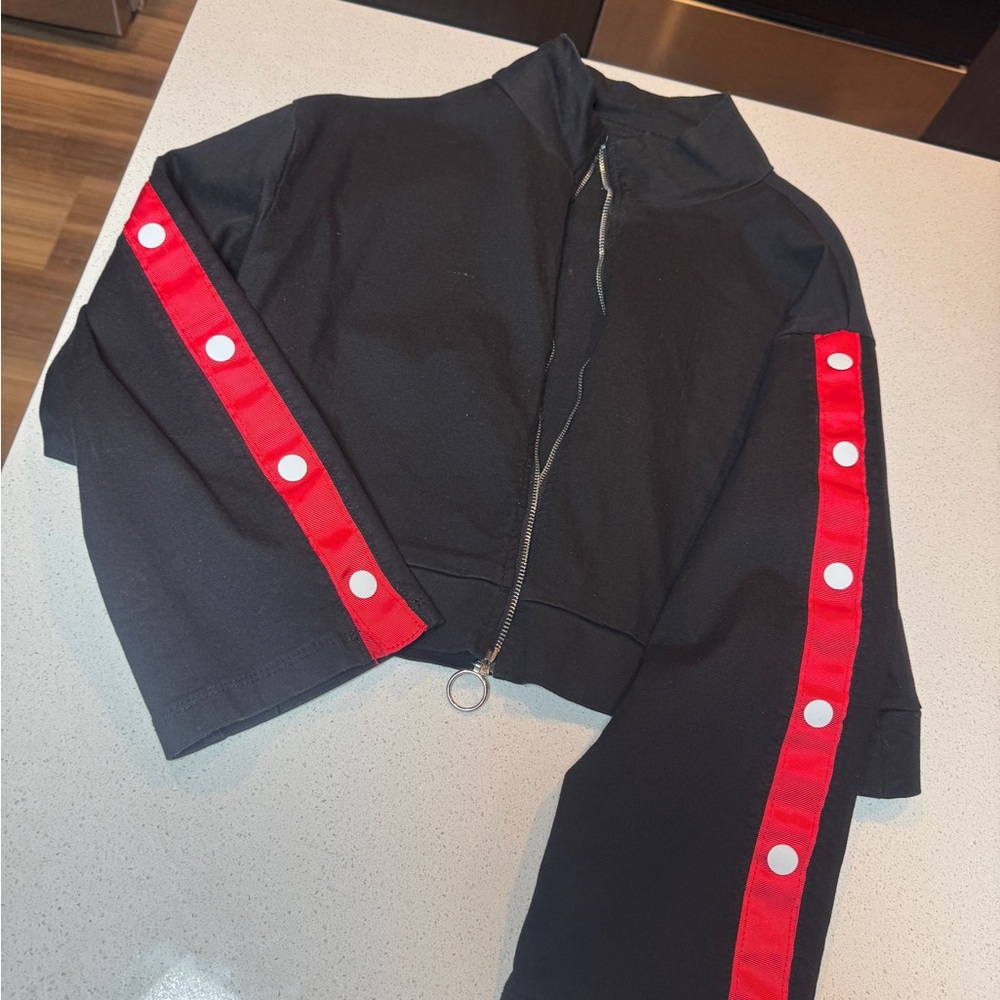 Fashion Nova Black Bomber Jacket with Red Stripes